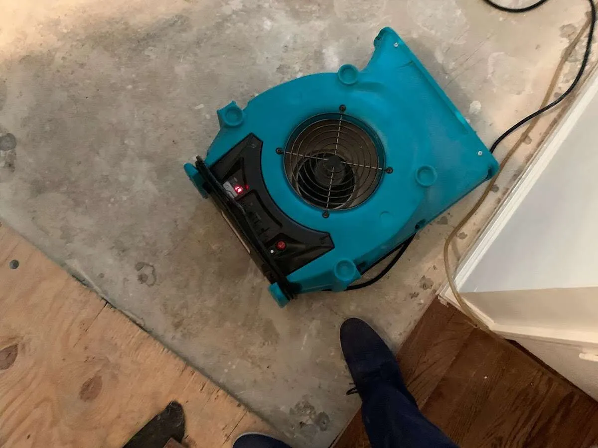 Air mover drying subfloor during Commercial Water Damage Restoration in Madison
